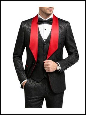 Mens 3 Piece Slim Fit Jacquard Floral Tuxedo Suit Set Wedding Formal